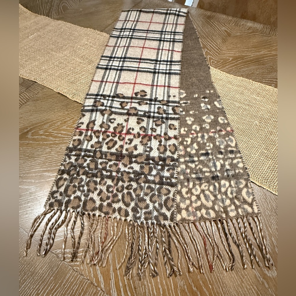 Cashmink Plaid and Cheetah Print Scarf in cream, brown, grey and red - Picture 5 of 9